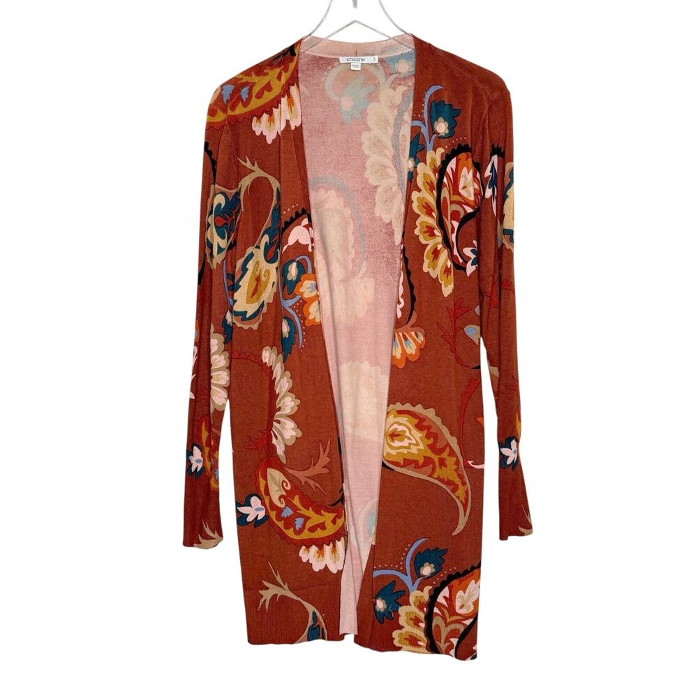 Chicos Boho Longline Cardigan Duster L Autumn Warm Rust Burnt Orange Paisley